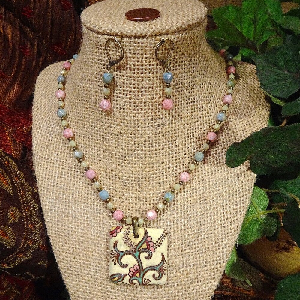 Handcrafted necklace and earring set with Golem Design Studio antiqued pendant